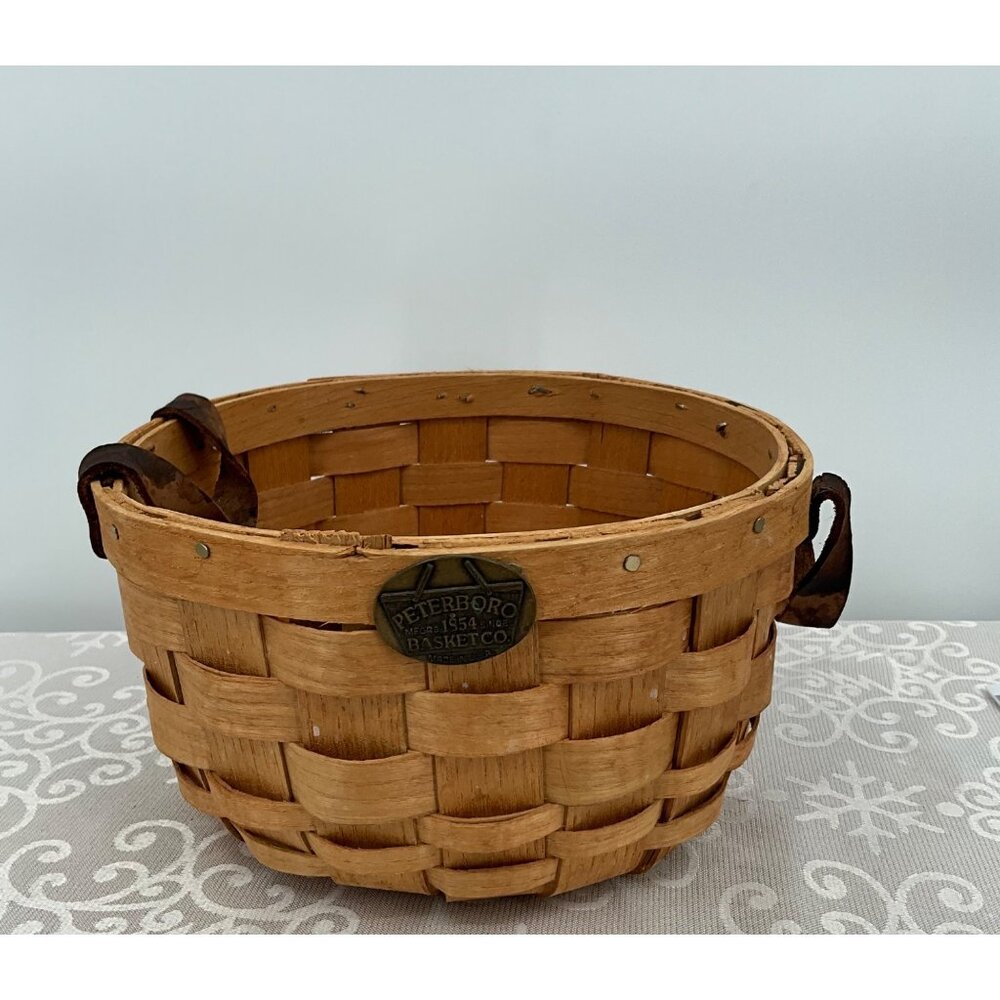 Vintage Peterboro Basket Co. Wooden Woven Basket With Leather Handles 8" Diamete